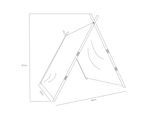 Abmessungsskizze eines Kinderspielzelts mit den Maßen 107 cm Höhe, 106 cm Länge und 123 cm Breite