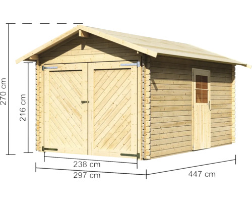 Holzgarage mit Doppeltür und Seitentür mit Maßangaben