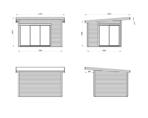Technische Zeichnung eines Gartenhauses mit Flachdach und Schiebetüren, Ansichten von vorne, Seite und von oben.
