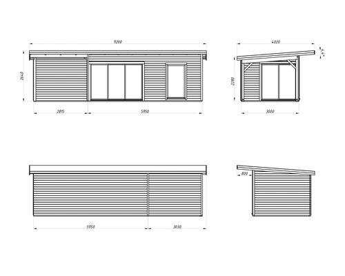 Technische Zeichnung eines Gartenhauses mit Maßen.