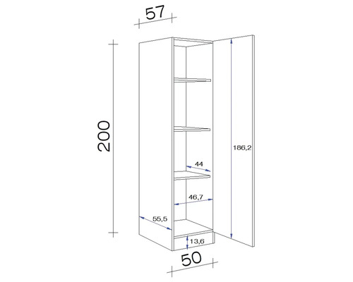 Technische Zeichnung eines Hochschranks mit Maßen.