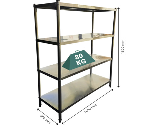 Edelstahlregal mit vier Ebenen und Maßangaben