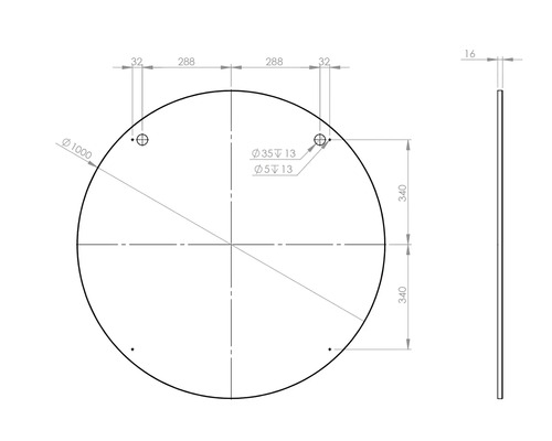 Technische Zeichnung einer runden Platte mit Maßangaben
