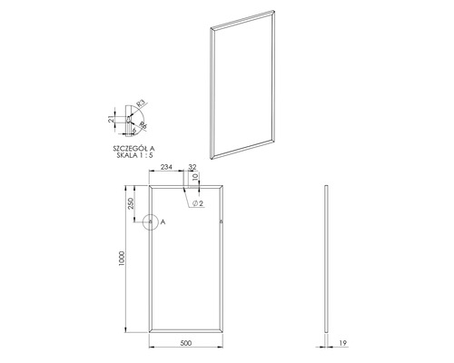 Technische Zeichnung eines rechteckigen Spiegels mit Maßangaben