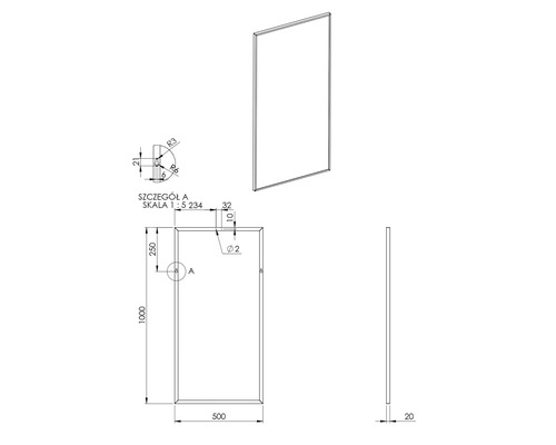Technische Zeichnung eines rechteckigen Spiegels mit Maßangaben