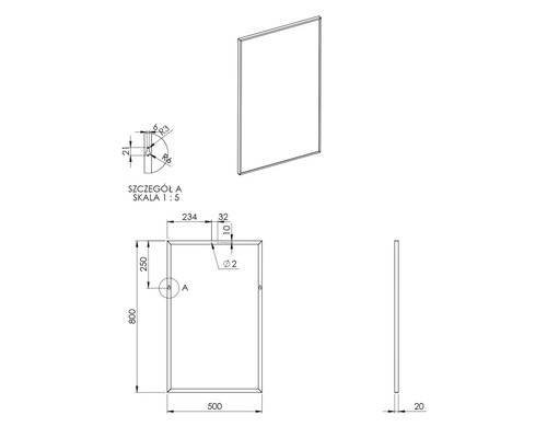 Technische Zeichnung eines rechteckigen Spiegels mit Maßen