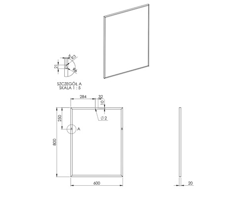 Technische Zeichnung eines Spiegels mit Maßangaben