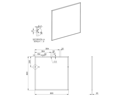 Technische Zeichnung einer rechteckigen Platte mit Maßen.