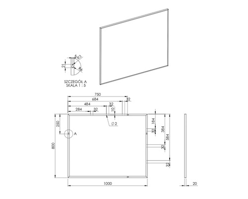 Technische Zeichnung eines rechteckigen Spiegels mit Maßangaben
