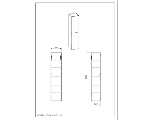 Technische Zeichnung eines Hochschranks mit Maßangaben