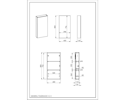 Technische Zeichnung eines Badezimmerschranks mit Maßangaben