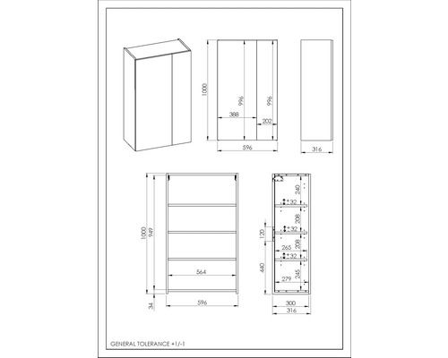 Technische Zeichnung eines Schranks mit Maßangaben