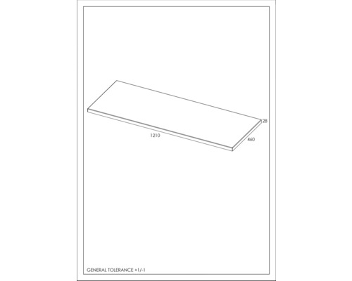 Produktzeichnung einer Arbeitsplatte mit den Maßen 1210 x 460 x 28 mm.