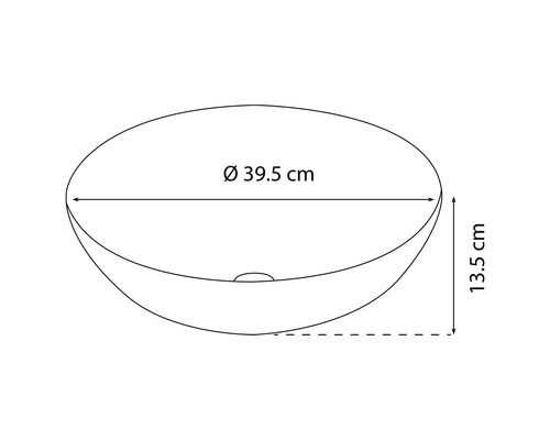 Zeichnung eines Waschbeckens mit den Maßen Durchmesser 39,5 cm und Höhe 13,5 cm.