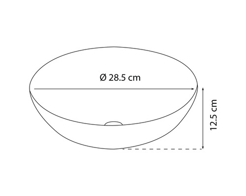 Skizze einer Waschbecken-Größe von 28,5 cm Durchmesser und 12,5 cm Höhe
