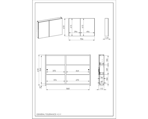 Technische Zeichnung eines Spiegelschranks mit Maßangaben