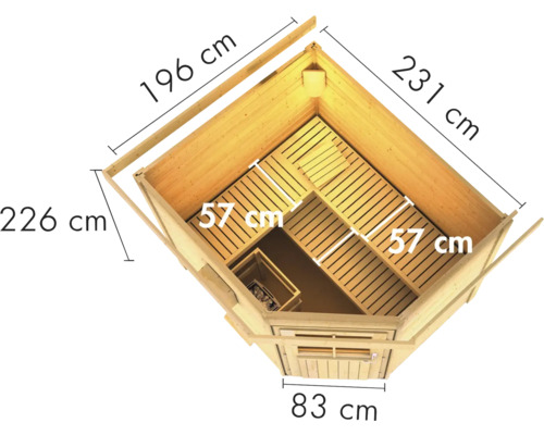 Draufsicht der Abmessungen einer Holzsauna