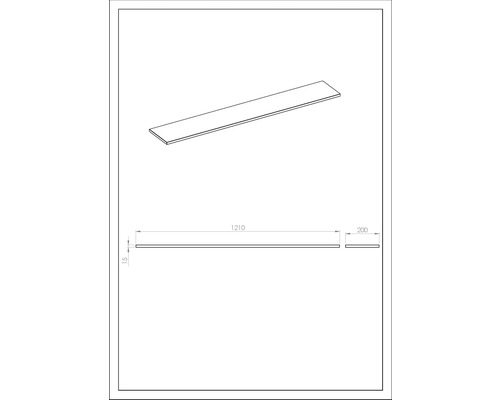 Technische Zeichnung eines Regalbords mit Maßen 1210 x 200 x 15 Millimeter