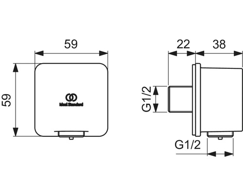 Technische Zeichnung eines Eckventils mit Maßangaben
