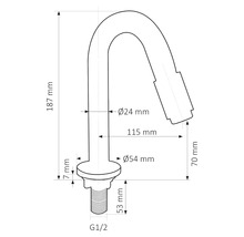 Technische Zeichnung eines Wasserhahnauslaufs mit Maßangaben