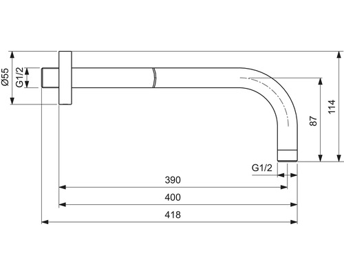 Technische Zeichnung eines Wandauslaufs mit Maßen