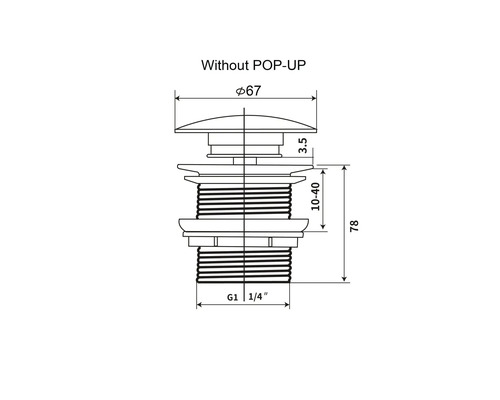 Technische Zeichnung eines Ablaufventils ohne Pop-Up Funktion mit Maßangaben.