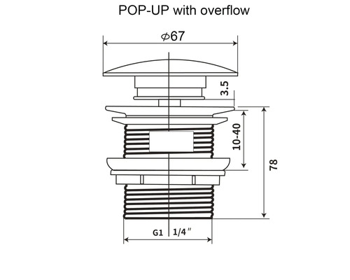 Technische Zeichnung Ablaufgarnitur mit Überlauf, Maße