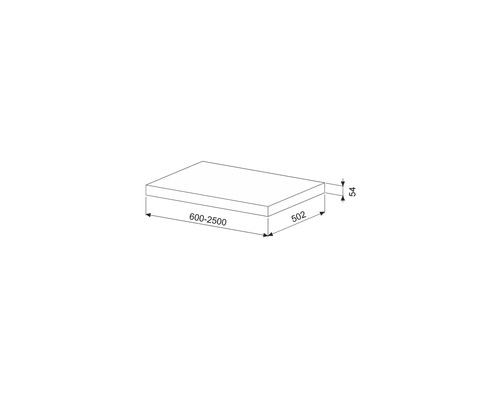 Technische Zeichnung einer Arbeitsplatte mit den Maßen 600 bis 2500 mm Länge, 502 mm Breite und 54 mm Höhe.
