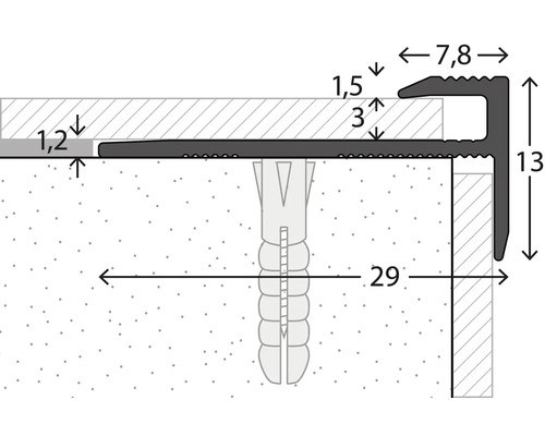 Technische Zeichnung eines Treppenkantenprofils mit Maßen.