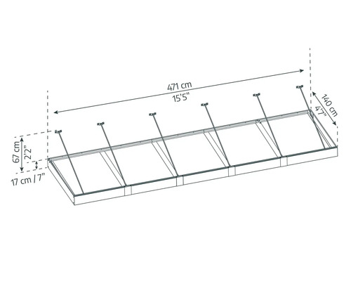 Zeichnung eines Dachfensters mit Maßangaben: 471 cm Länge, 140 cm Breite und 17 cm Höhe.