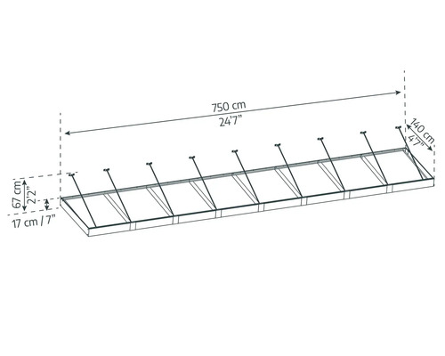 Technische Zeichnung einer Überdachung mit Maßen 750 cm Länge, 140 cm Breite und 67 cm Höhe