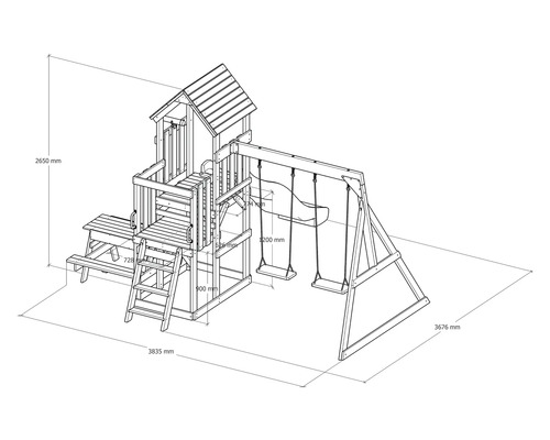 Abmessungen einer Kinderspielanlage mit Schaukel und Spielhaus
