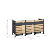 Dreifache Mülltonnenbox aus Metall und Holz mit den Maßen 120 x 250 x 90 cm