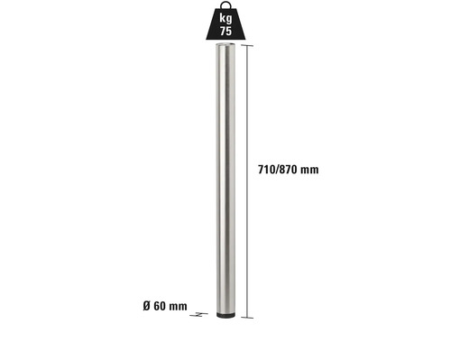 Tischbein aus Metall, 710 bis 870 mm lang, Durchmesser 60 mm, maximale Belastbarkeit 75 kg