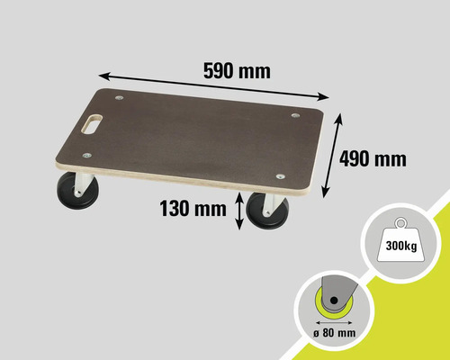Möbelroller mit den Maßen 590 mm x 490 mm und einer Traglast von 300 kg.