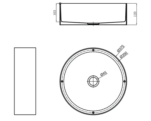 Technische Zeichnung eines runden Aufsatzwaschbeckens mit Maßangaben