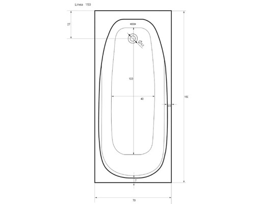 Technische Zeichnung einer Badewanne mit Maßangaben