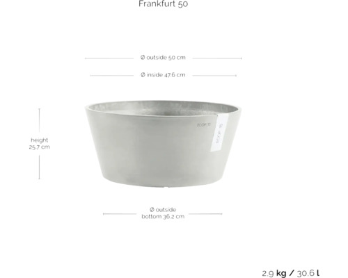 Blumentopf Frankfurt 50 mit den Maßen Höhe 25,7 cm, Außendurchmesser 50 cm und Innendurchmesser 47,6 cm