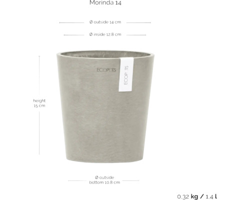 Morinda 14 Pflanztopf mit den Maßen Höhe 15 cm, Außendurchmesser 14 cm, Innendurchmesser 12,8 cm, Außendurchmesser unten 10,8 cm