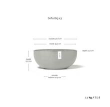 Sofia Big 43 Pflanzgefäß mit den Maßen: Außen 40,8 cm, Innen 39,3 cm, Tiefe 23,7 cm, Höhe 17,5 cm, Boden außen 20,5 cm, Gewicht 1,4 kg, Volumen 8,2 Liter