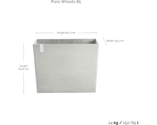 Rechteckiger Pflanzkasten mit den Maßen 85,2 cm Länge, 39,5 cm Tiefe und 65,8 cm Höhe.