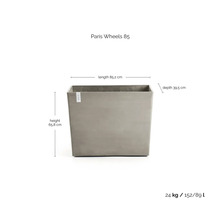 Paris Wheels 85 Pflanzgefäß mit den Maßen: Länge 85,2 cm, Höhe 65,8 cm und Tiefe 39,5 cm.