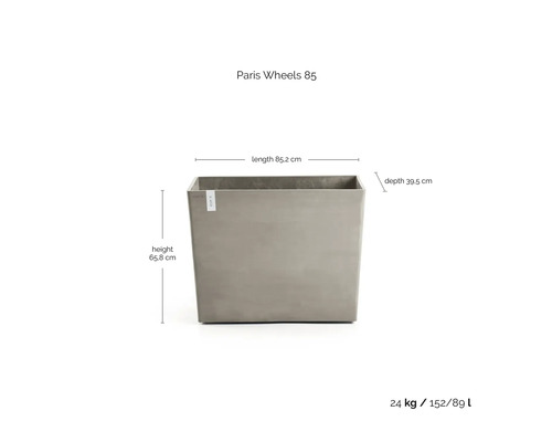 Paris Wheels 85 Pflanzgefäß mit den Maßen: Länge 85,2 cm, Höhe 65,8 cm und Tiefe 39,5 cm.