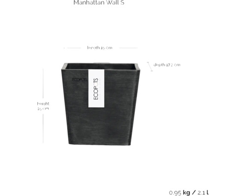 Ecopots Manhattan Wandtopf S, 15 Zentimeter hoch, 15 Zentimeter lang und 17,2 Zentimeter tief