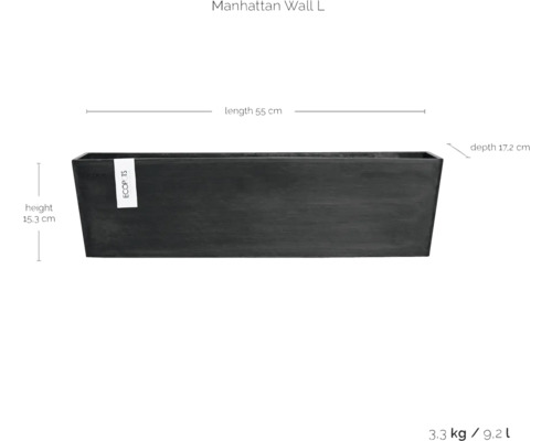 Rechteckiger Pflanzkasten mit den Maßen 55 cm Länge, 15,3 cm Höhe und 17,2 cm Tiefe.