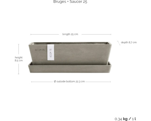 Ecopots Bruges Pflanzgefäß mit Untersetzer, Länge 25 cm