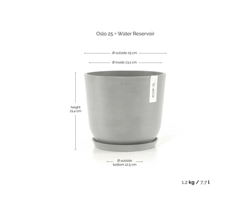 Oslo 25 Pflanzgefäß mit Wasserreservoir und Maßangaben
