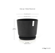 Schwarzer Blumentopf Oslo 35 mit Wasserreservoir und Maßangaben