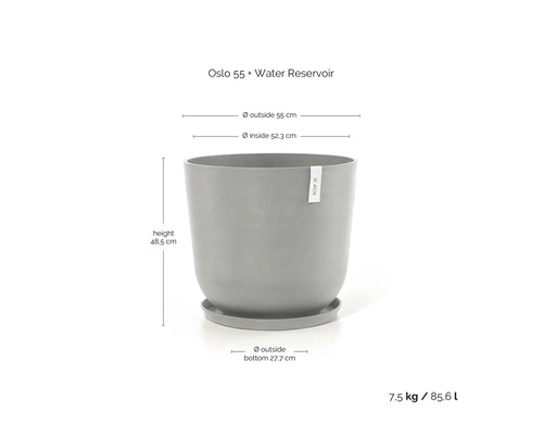 Oslo 55 Pflanzgefäß mit Wasserreservoir, Abmessungen