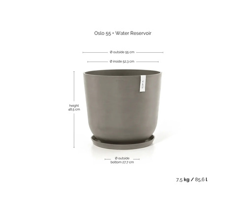 Oslo 55 Pflanzgefäß mit Wasserreservoir, 55 cm Außendurchmesser und 48,5 cm Höhe